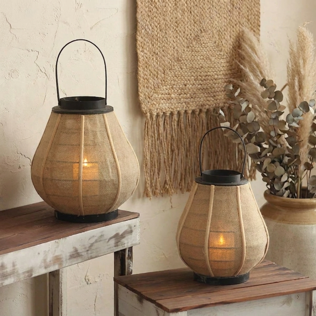 Hollis Wooden Candle Lantern – two lanterns in different sizes on stools