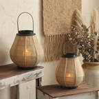 Hollis Wooden Candle Lantern – two lanterns in different sizes on stools