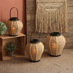 Hollis Wooden Candle Lantern – three lanterns in different sizes against a wall