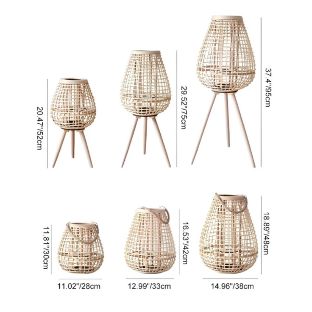 Cove Rattan Candle Lantern – dimensions diagram, 28 cm to 95 cm