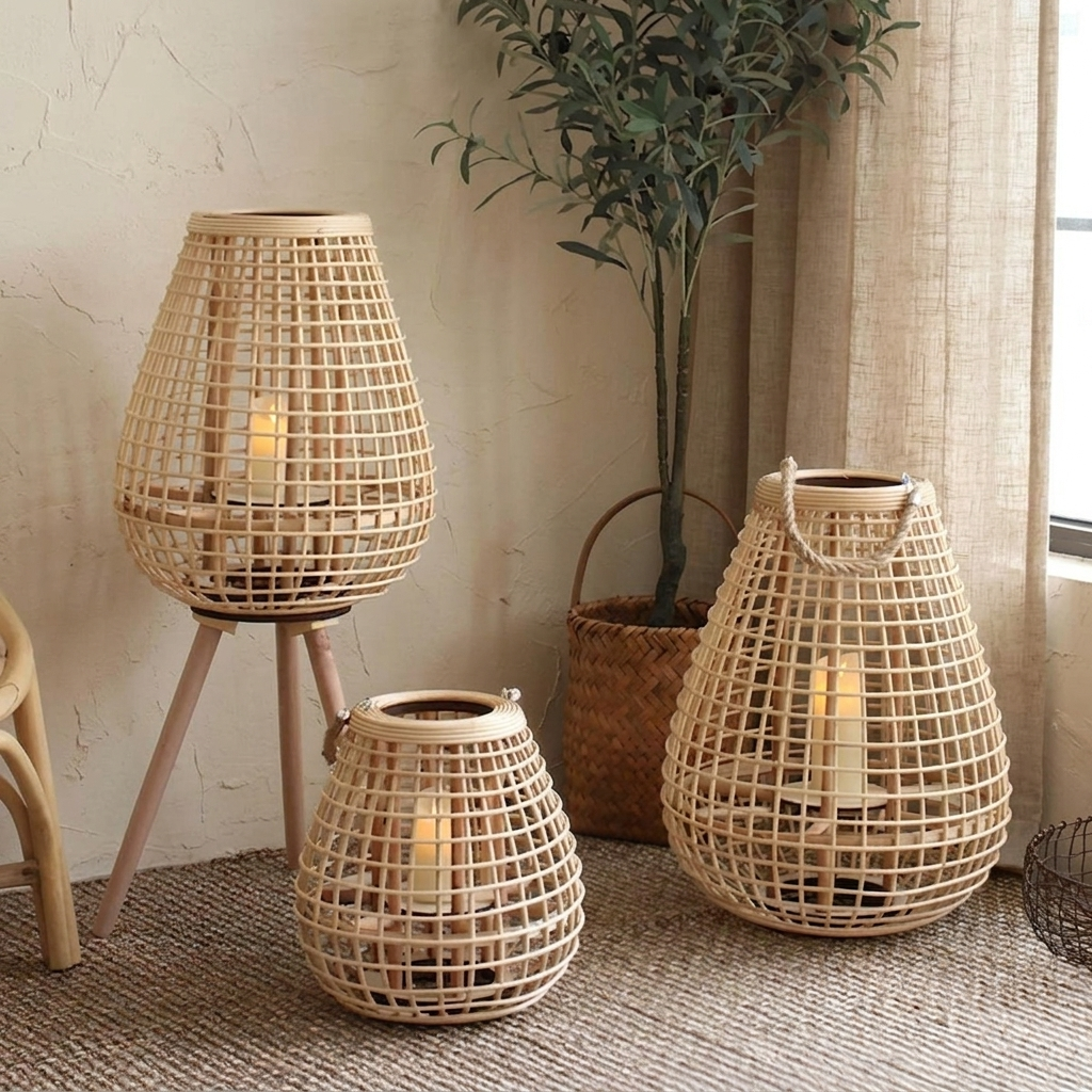 Cove Rattan Candle Lantern – trio of woven lanterns in a living room