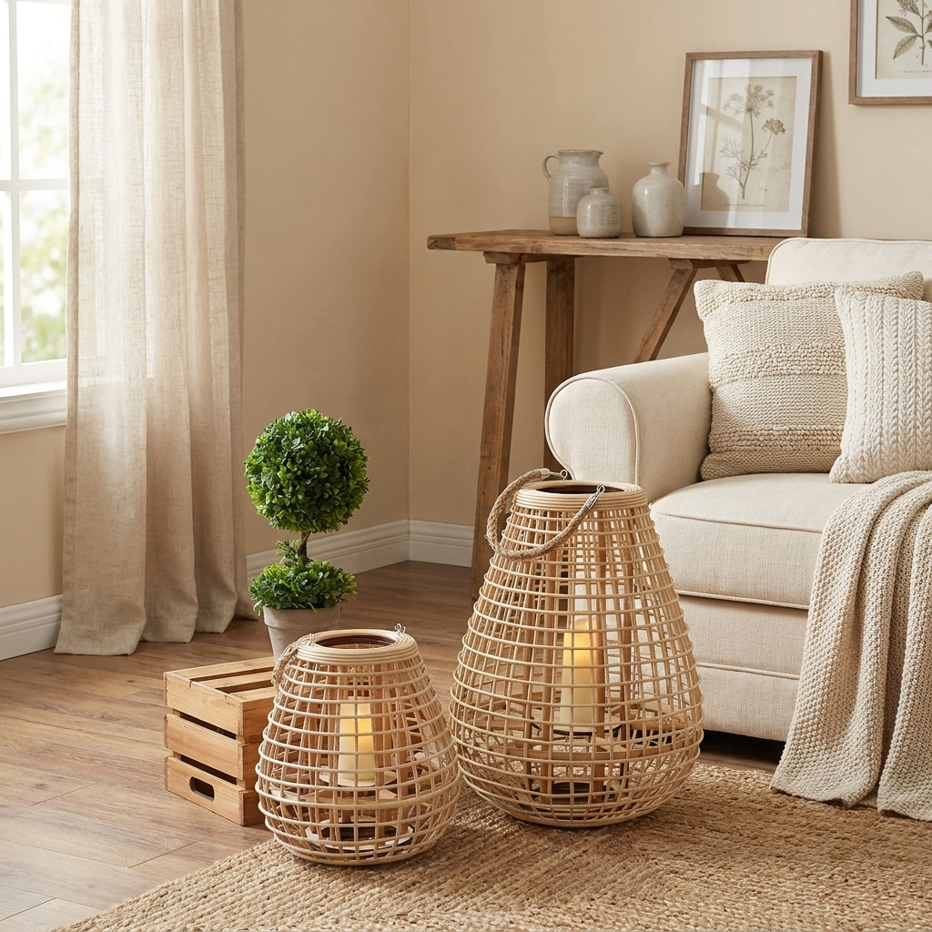 Cove Rattan Candle Lantern – pair beside an armchair and wooden crate