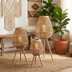 Cove Rattan Candle Lantern – three lanterns styled in a boho living room