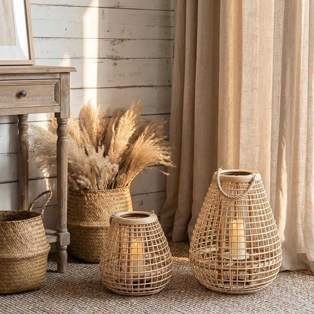 Cove Rattan Candle Lantern – two lanterns beside a basket and dried grasses