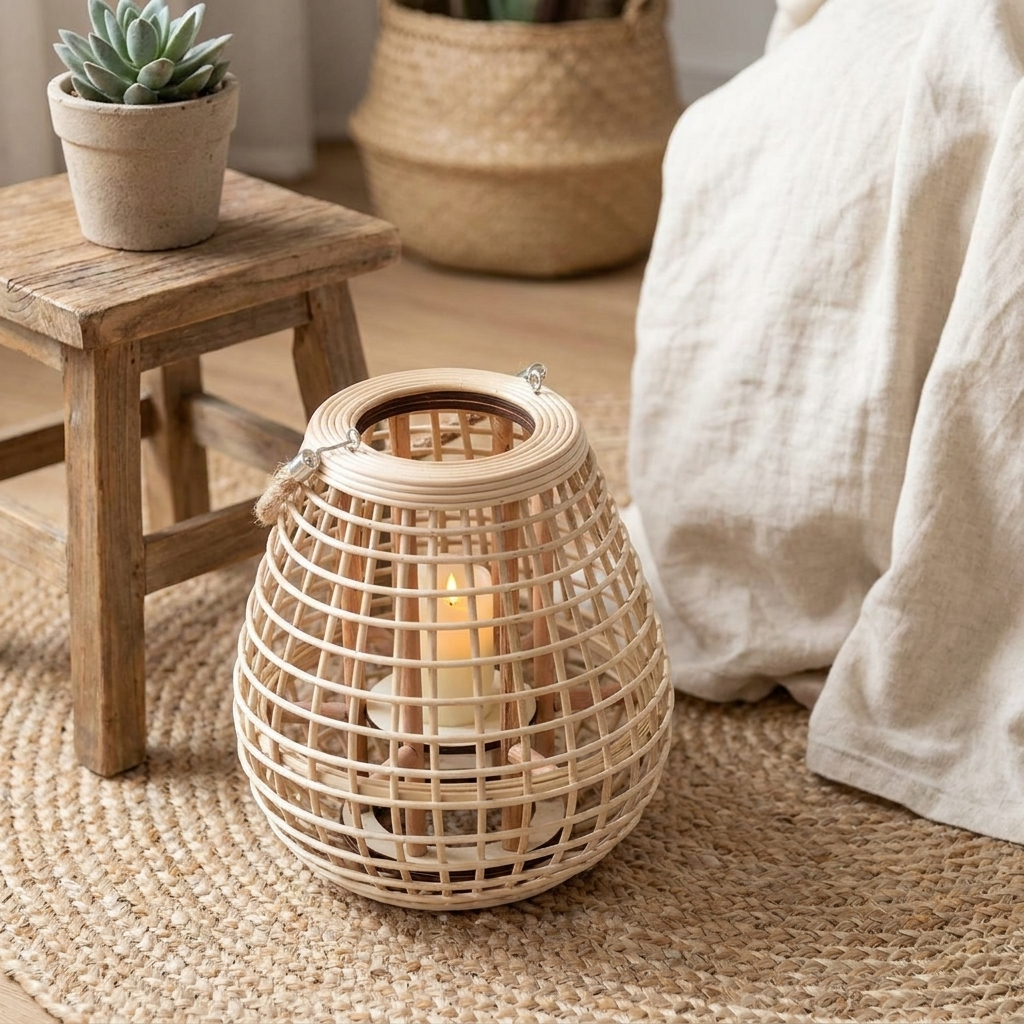 Cove Rattan Candle Lantern – lantern on a wooden stool beside a bed