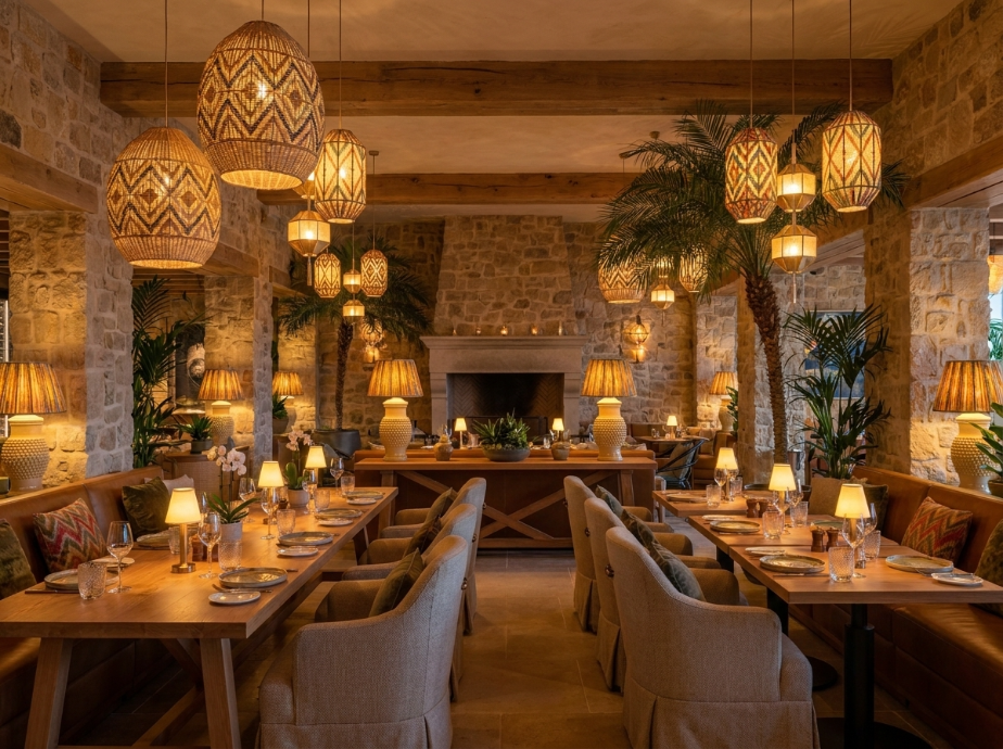 Restaurant dining room lit by woven rattan pendant lights and Brenelo cordless table lamps on every table