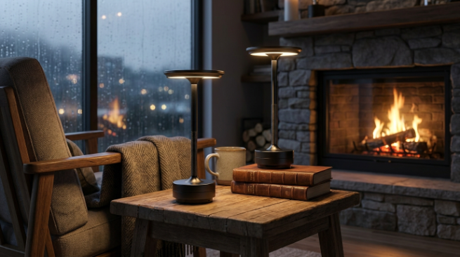 Two black cordless table lamps lit on a wooden side table beside a stone fireplace on a rainy evening