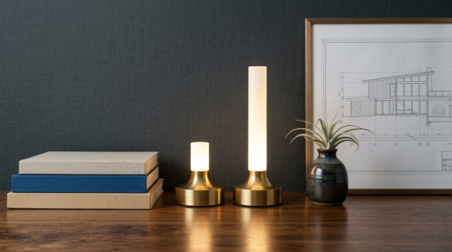 Two brass cylinder cordless table lamps lit on a desk beside books, an air plant and a framed drawing
