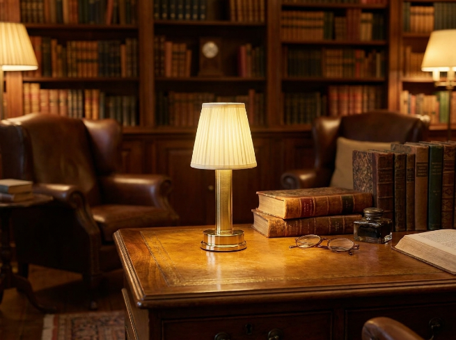 Brass table lamp with a pleated cream shade on a leather-topped desk in a wood-panelled library