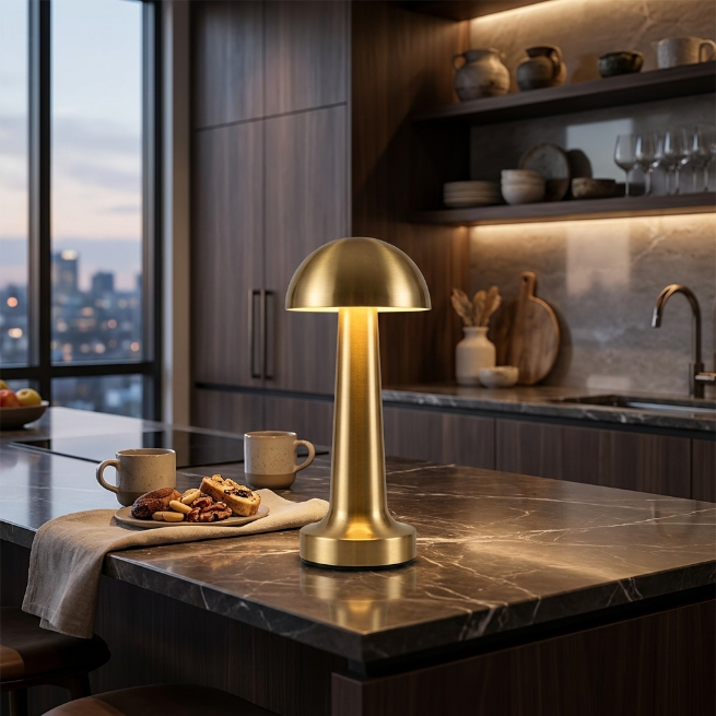 Brass mushroom cordless table lamp lit on a marble kitchen island at dusk