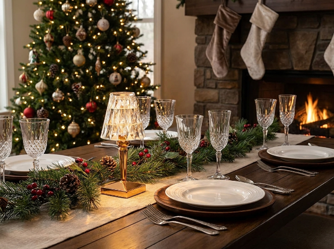 Crystal cordless table lamp lit on a festive dining table with cut-glass stemware and a Christmas tree behind