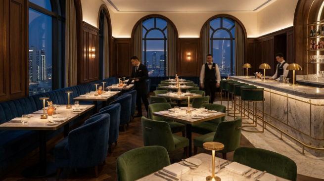 Restaurant with green velvet chairs and arched windows, a brass cordless table lamp lit on each table