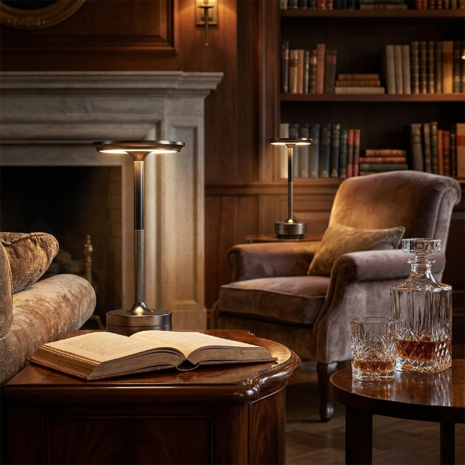 Two dark cordless table lamps in a wood-panelled lounge beside an open book, armchair and whisky decanter