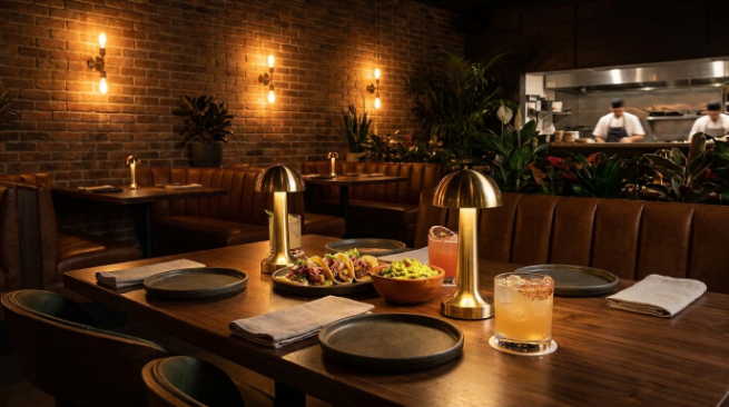 Two brass cordless table lamps on a restaurant table with sharing plates and a cocktail, exposed brick wall behind