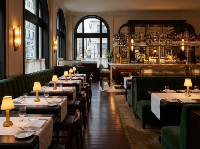 Brasserie with green leather booths and white tablecloths, a brass cordless lamp lit on every table
