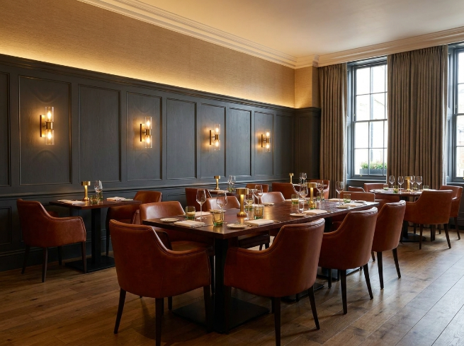 Private dining room with brass wall lights and cordless table lamps, tan leather chairs around dark wood tables