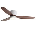 Low Profile DC Ceiling Fan with LED Light – side profile, white finish with walnut blades, white background