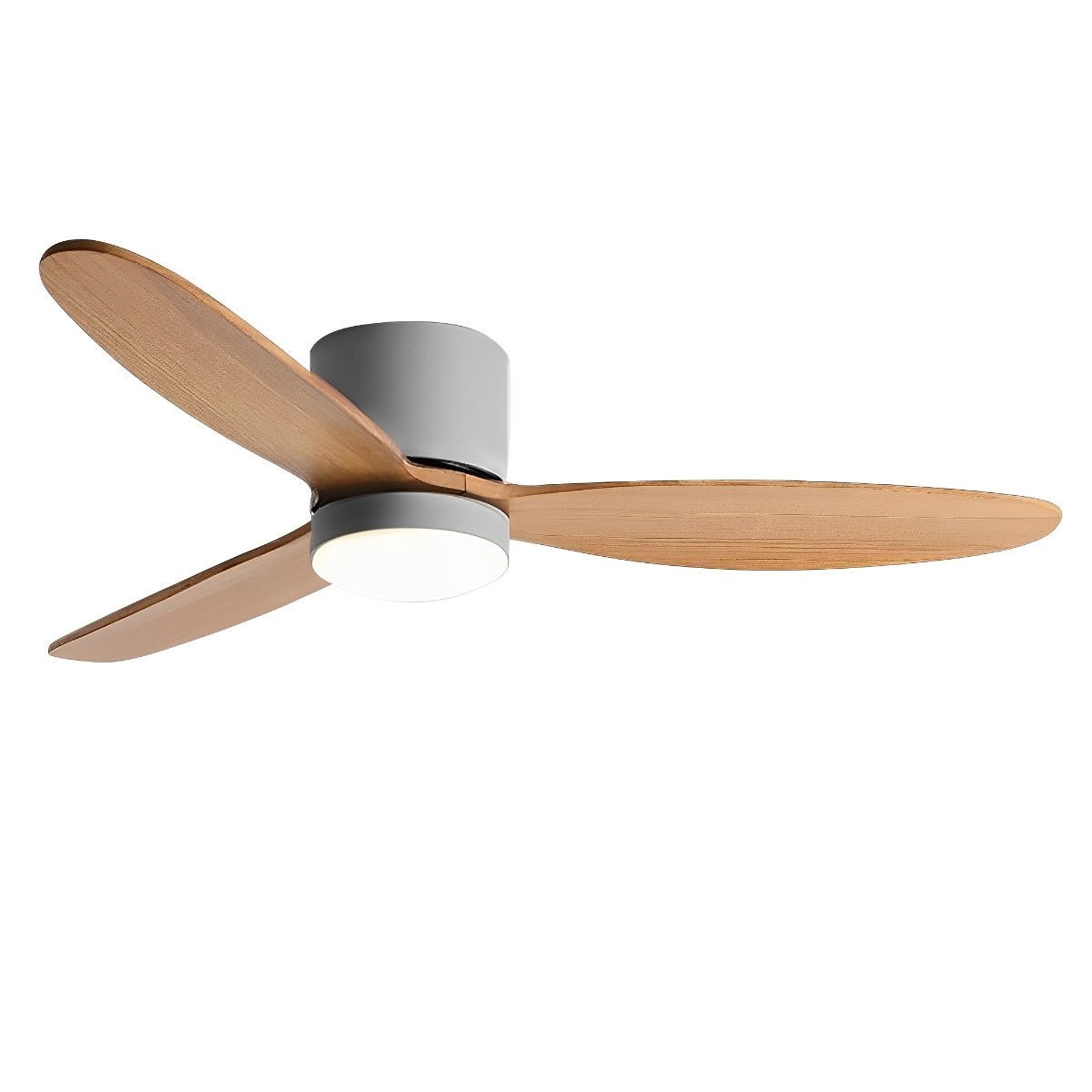 Low Profile DC Ceiling Fan with LED Light – side profile, grey finish with light wood blades, white background
