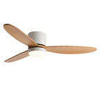 Low Profile DC Ceiling Fan with LED Light – side profile, white finish with light wood blades, white background
