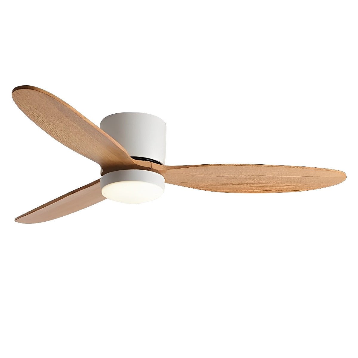 Low Profile DC Ceiling Fan with LED Light – side profile, white finish with light wood blades, white background