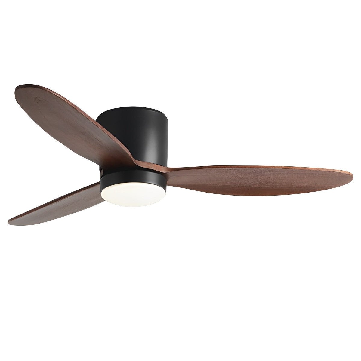 Low Profile DC Ceiling Fan with LED Light – side profile, black finish with walnut blades, white background