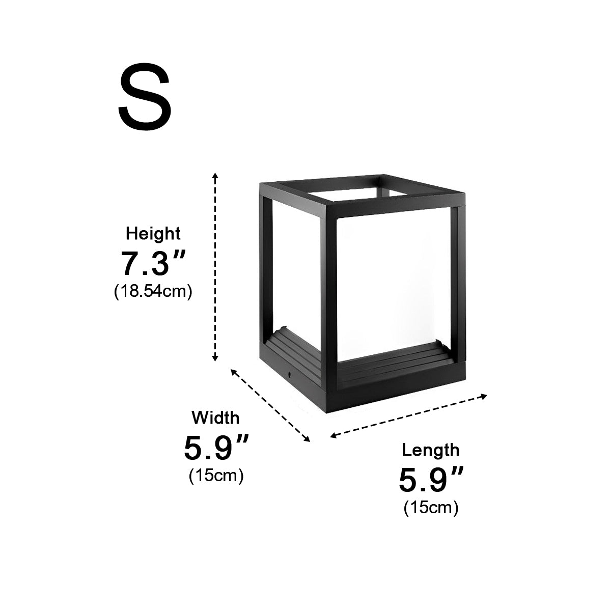 Square Black Solar Fence Post Light – dimensions diagram, small size, 18.5 cm tall