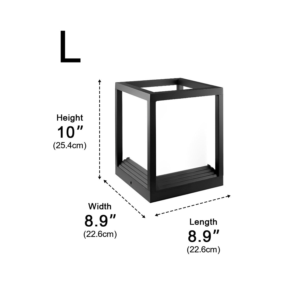 Square Black Solar Fence Post Light – dimensions diagram, large size, 25.4 cm tall