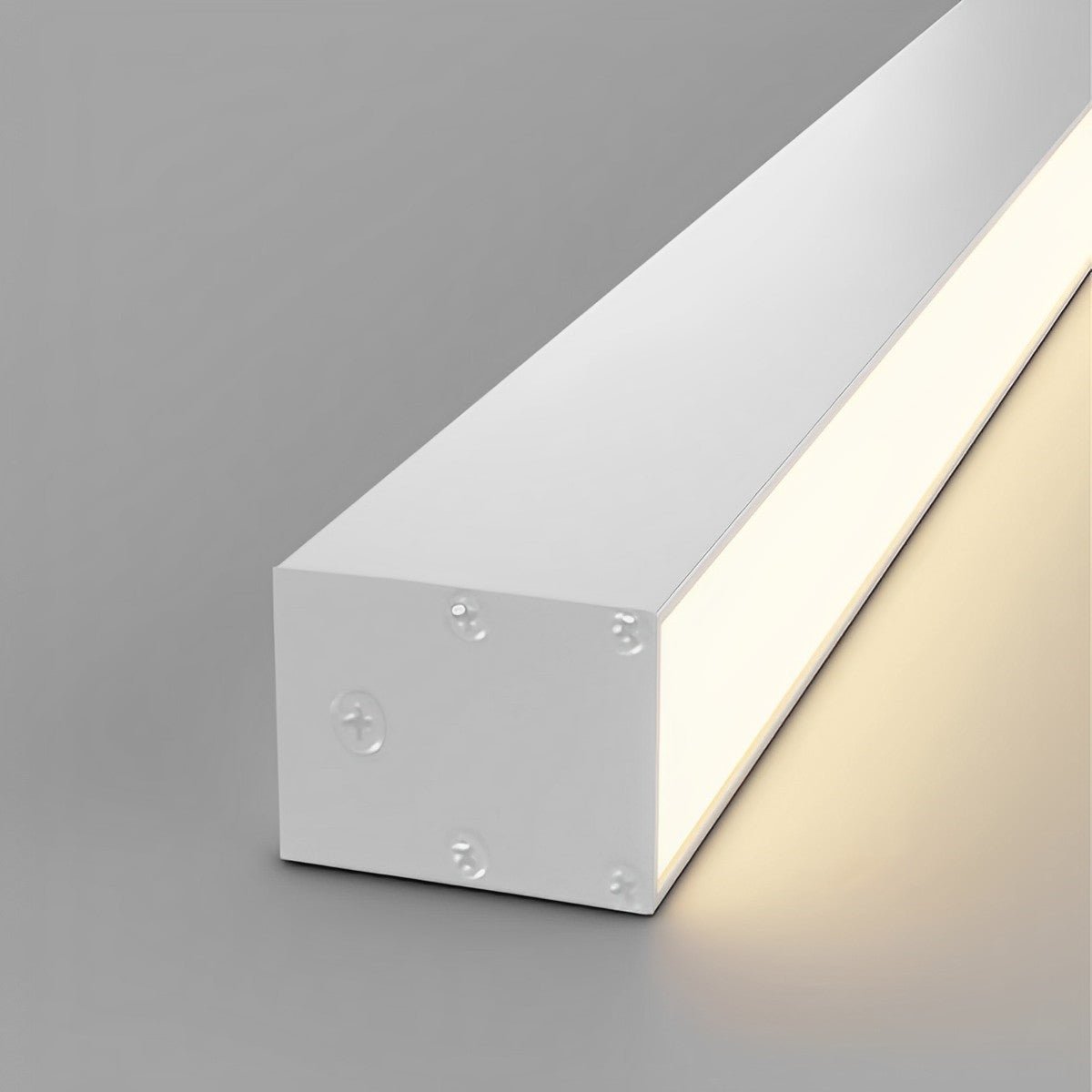 Slim Dimmable LED Linear Ceiling Light – close-up of the white end cap, lit