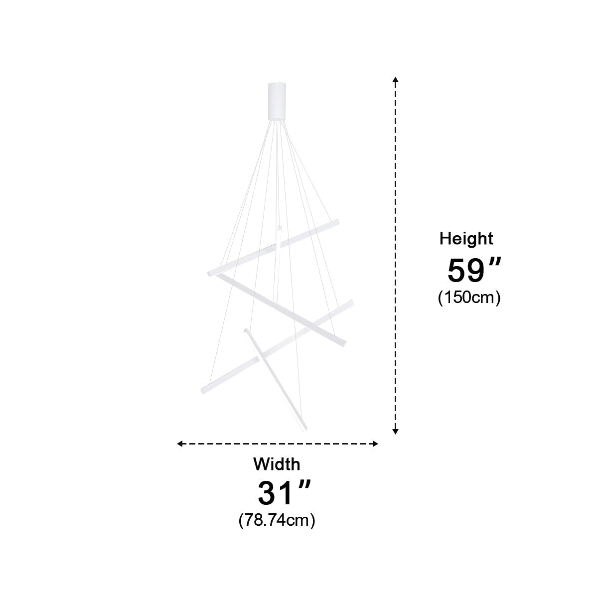 White Linear LED Chandelier – dimensions diagram, 200 cm height