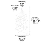 White Linear LED Chandelier – dimensions diagram, adjustable height, 10 cm base