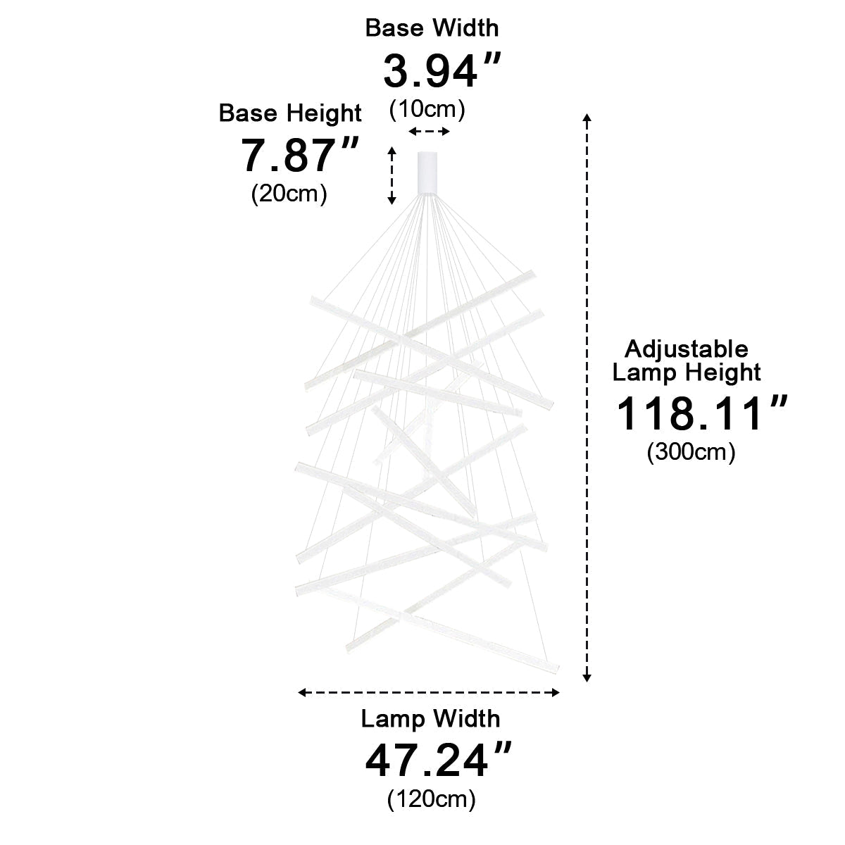 White Linear LED Chandelier – dimensions diagram, adjustable height, 10 cm base