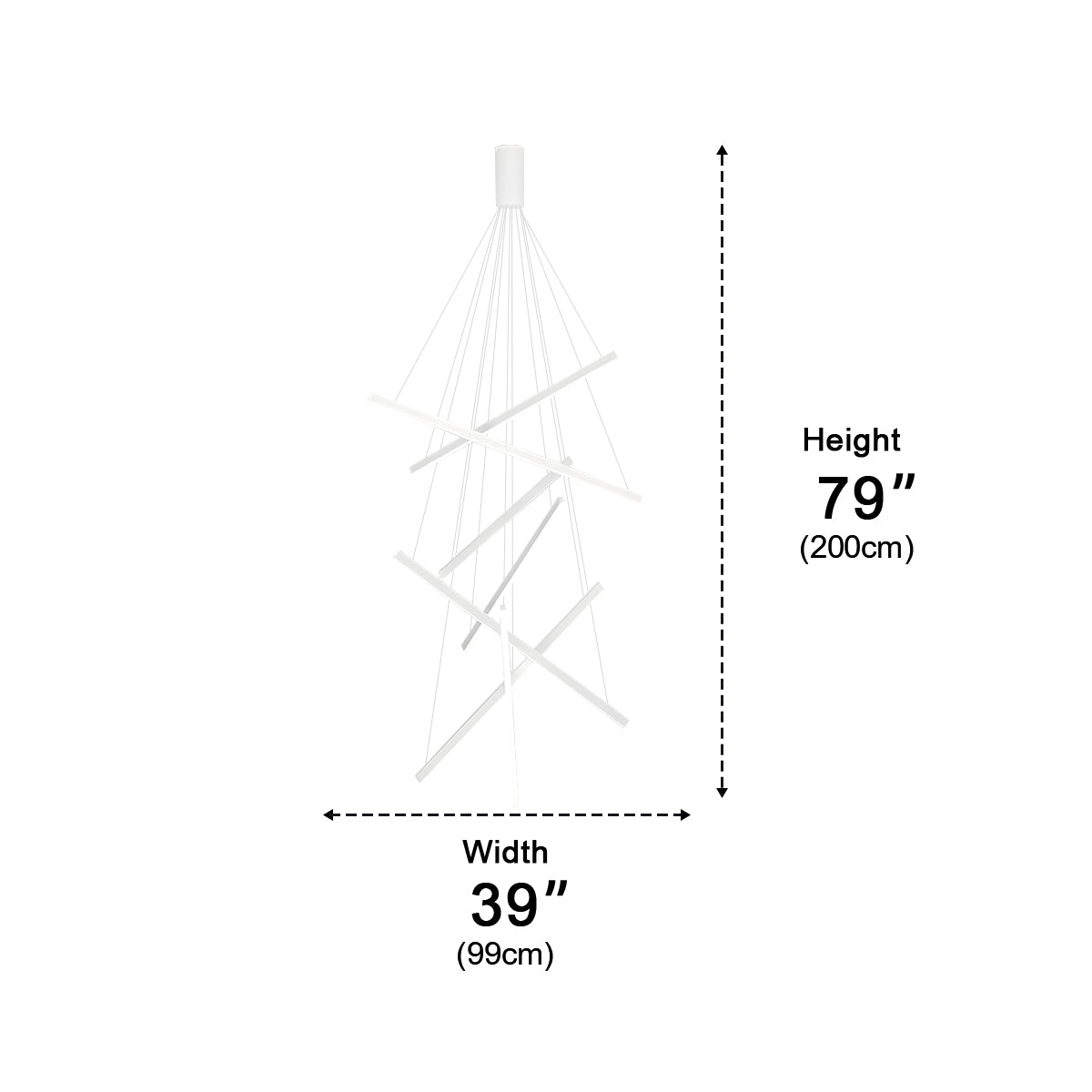 White Linear LED Chandelier – dimensions diagram, 300 cm height