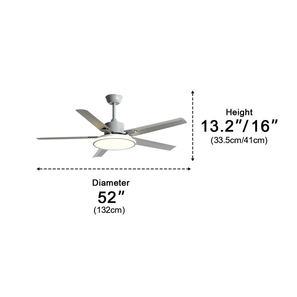 Five Blade Stainless Steel Ceiling Fan with Light – dimensions diagram, 132 cm diameter, 41 cm height