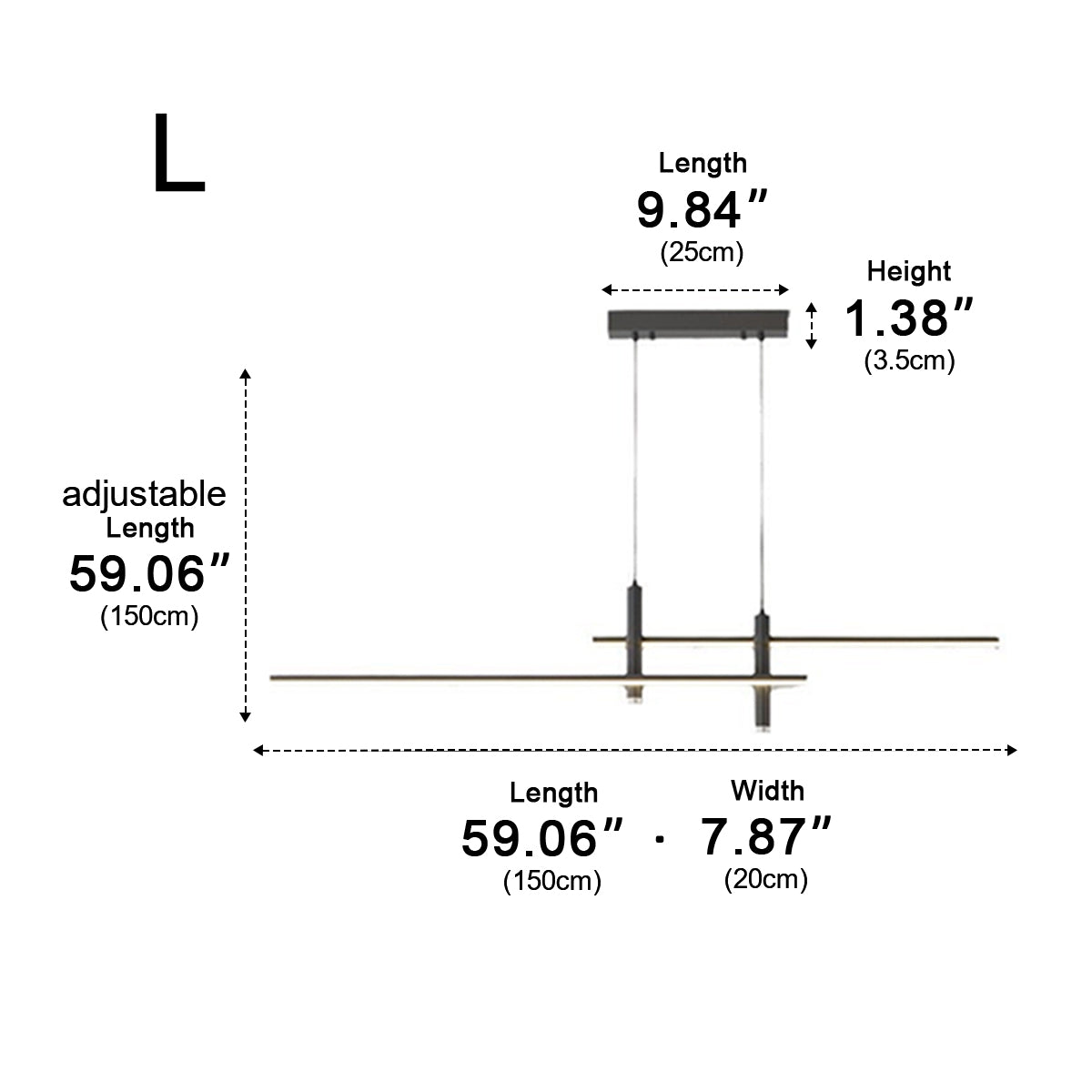 Linear LED Pendant Light – dimensions diagram, large size 150 cm