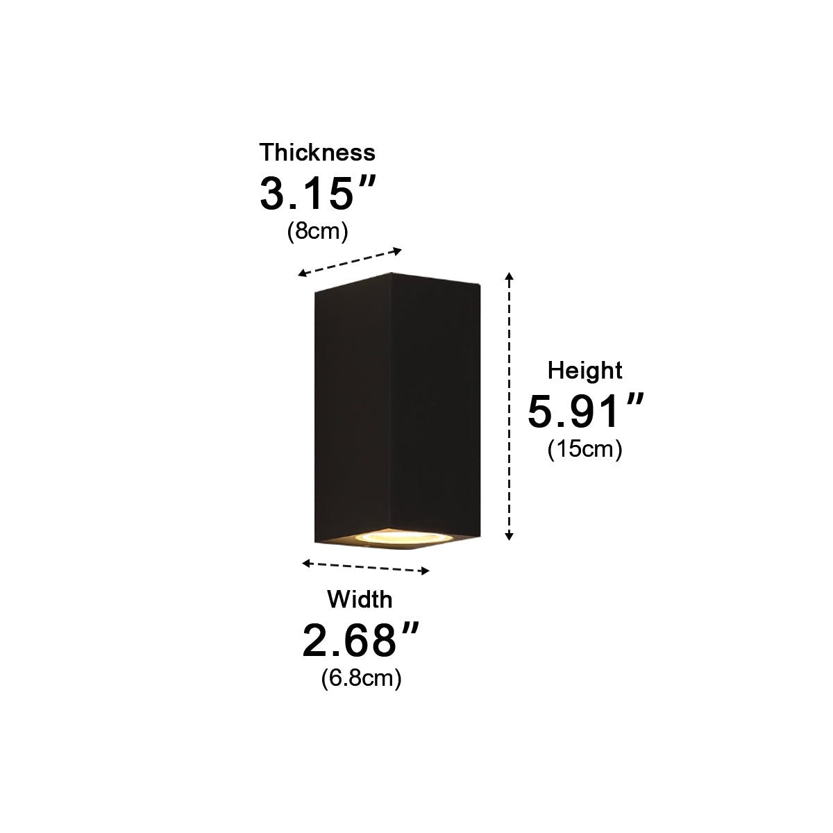 Square Outdoor Up & Down Wall Light – dimensions diagram, tall size, 15 cm high