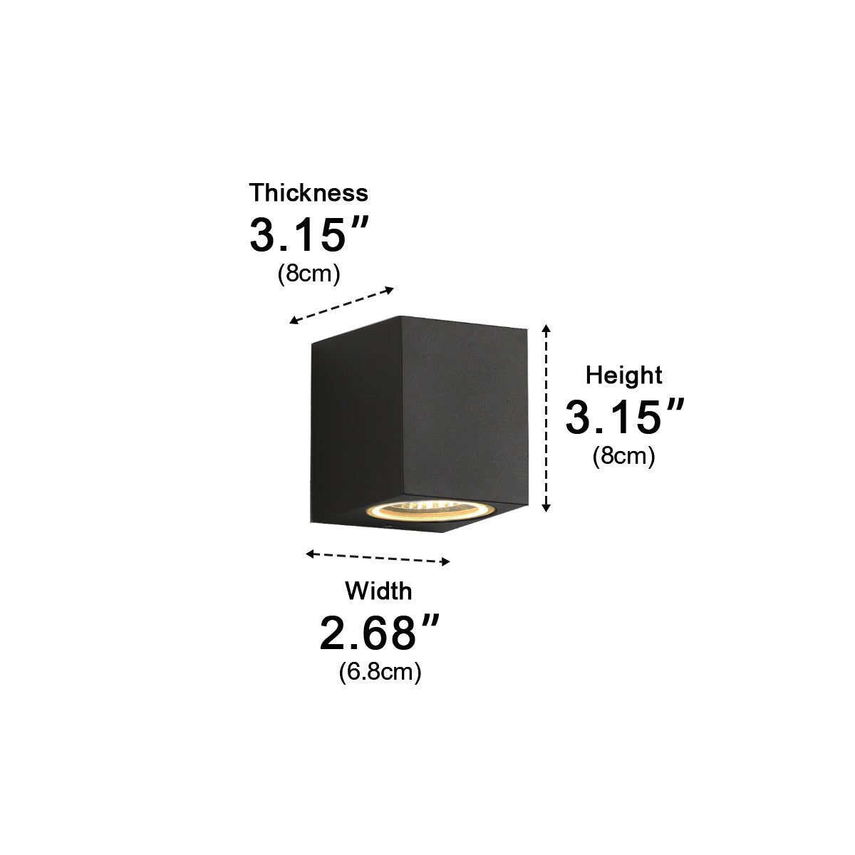 Square Outdoor Up & Down Wall Light – dimensions diagram, small size, 8 by 6.8 cm