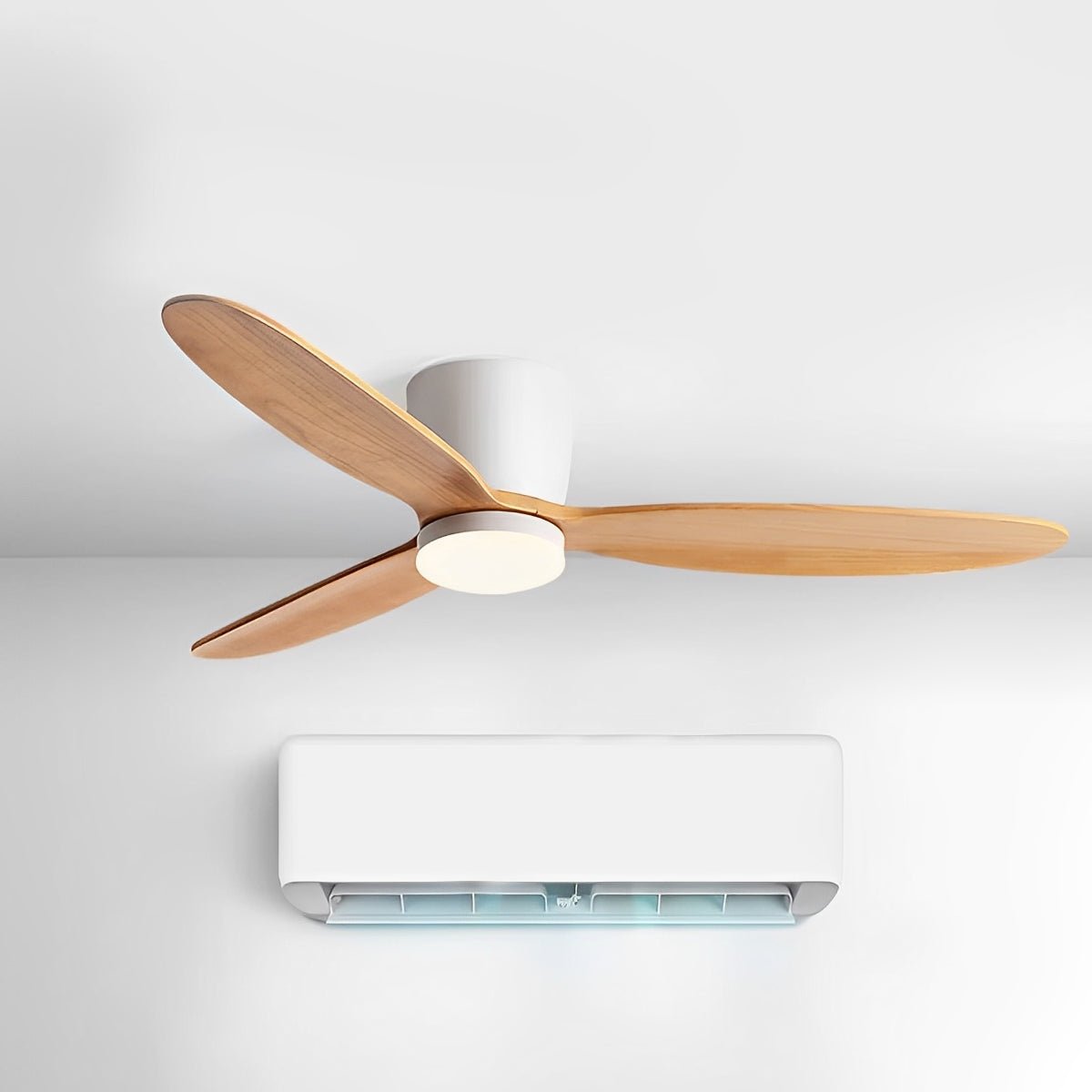 Scandinavian Wood Finish Ceiling Fan with Light – mounted above an air conditioning unit, white background