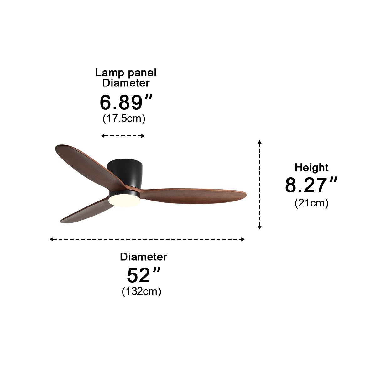 Scandinavian Wood Finish Ceiling Fan with Light – dimensions diagram, 132 cm