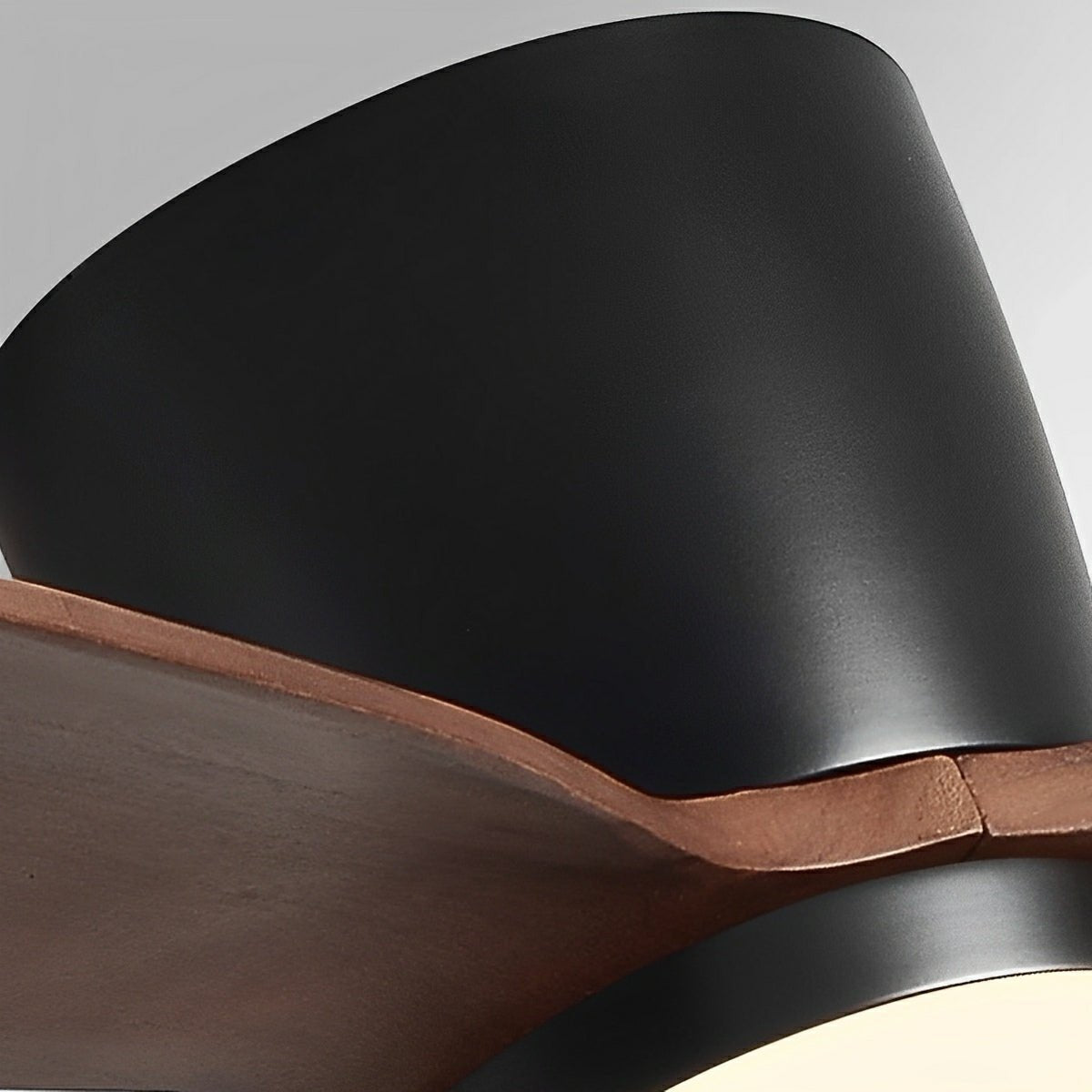 Scandinavian Wood Finish Ceiling Fan with Light – close-up of the black motor housing edge