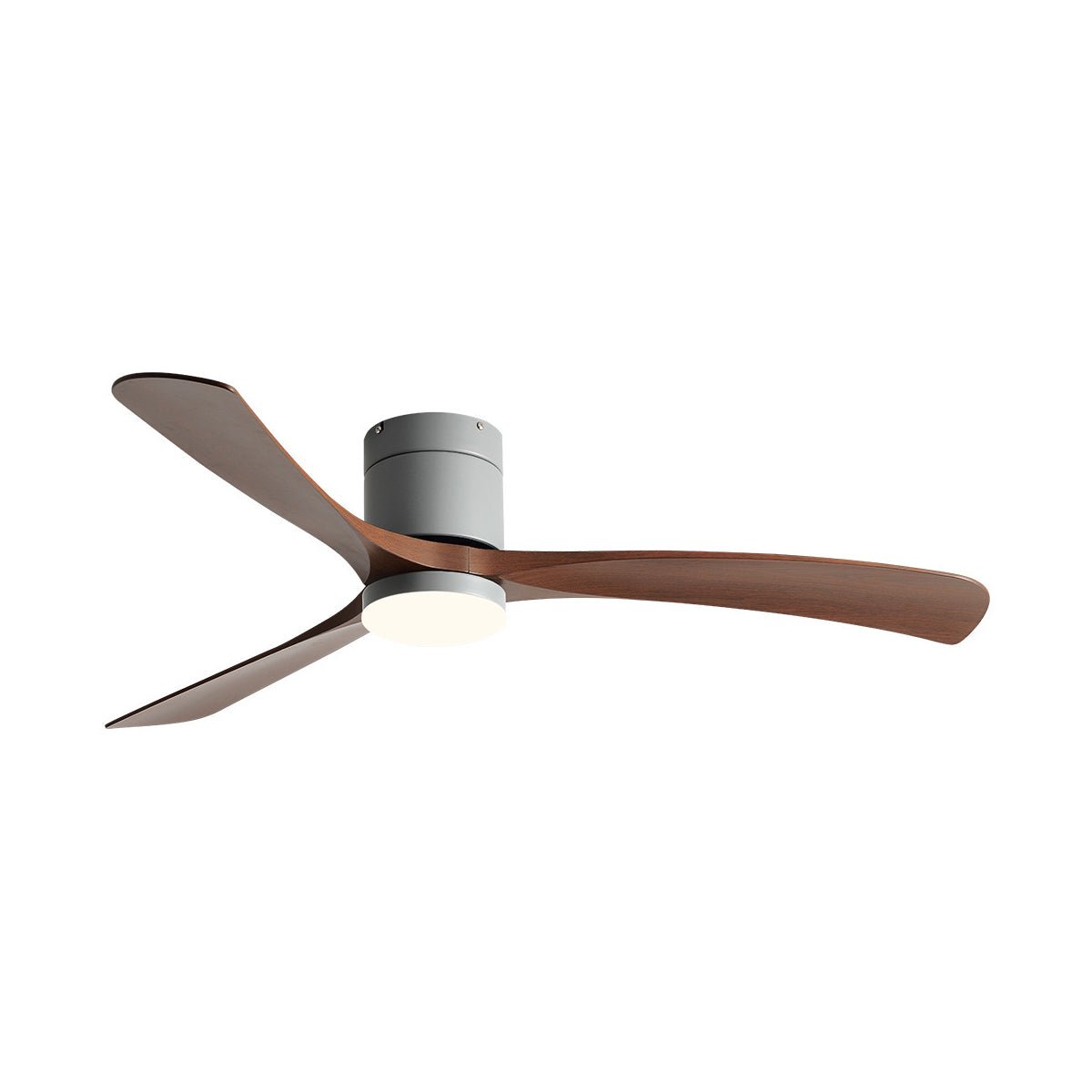 Nordic Six Speed Ceiling Fan with LED Light – grey finish with walnut blades, side profile, white background