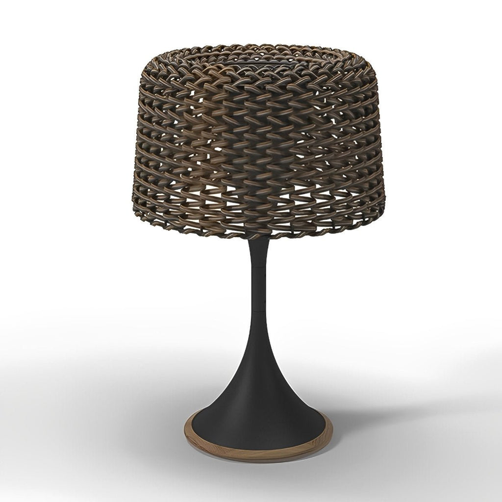 Woven Solar Outdoor Floor Lamp – white background, black base and rattan shade