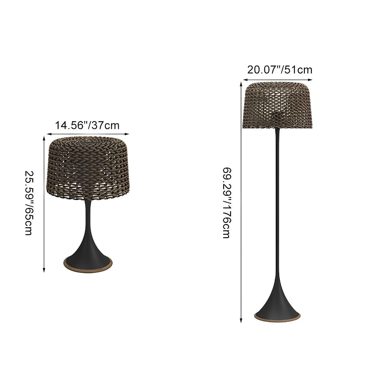 Woven Solar Outdoor Floor Lamp – dimensions diagram, 65 cm and 176 cm sizes