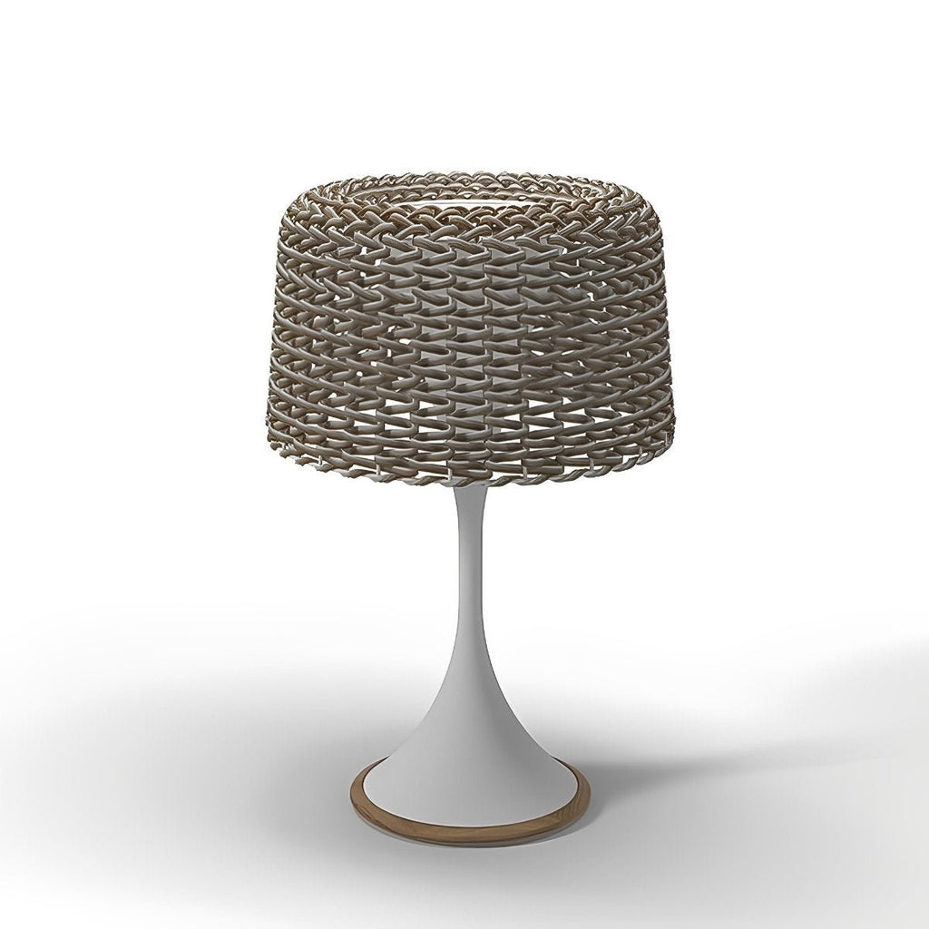 Woven Solar Outdoor Floor Lamp – white background, white base and rattan shade