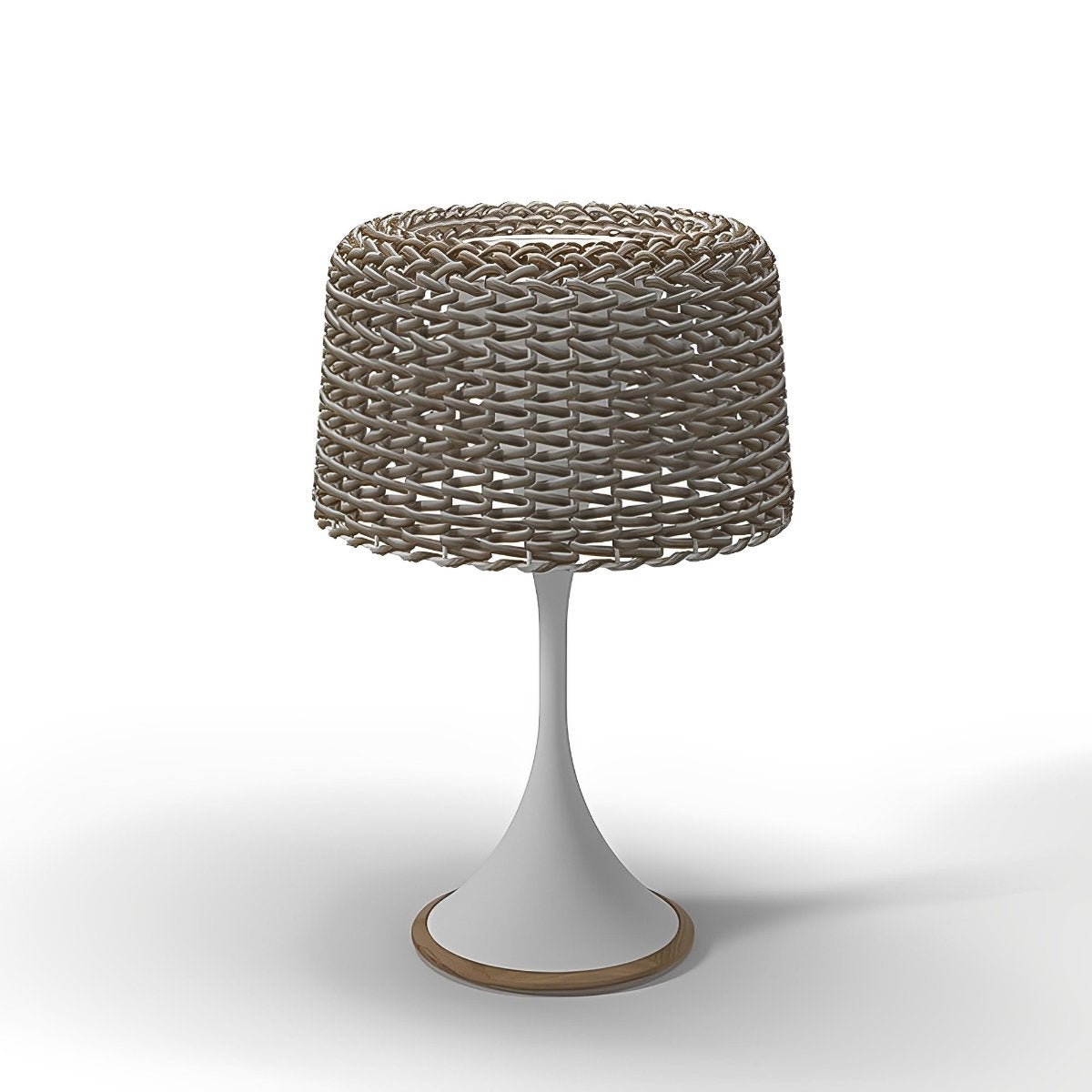 Woven Solar Outdoor Floor Lamp – white background, white base and rattan shade