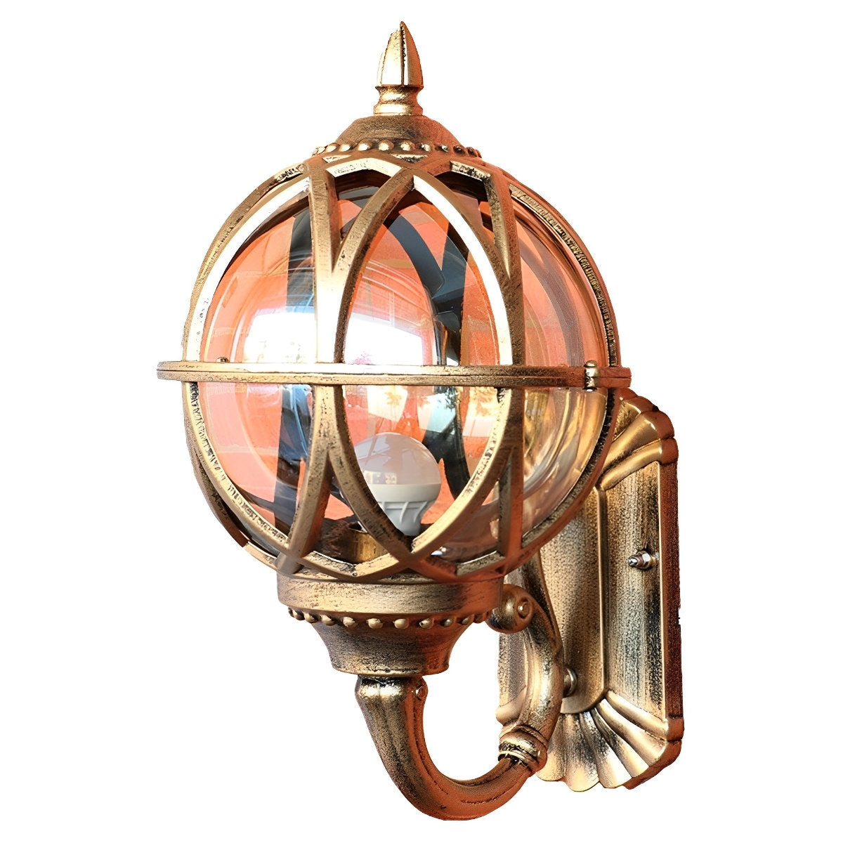 Bird's Nest Outdoor Wall Lantern – white background, antique brass finish, side angle
