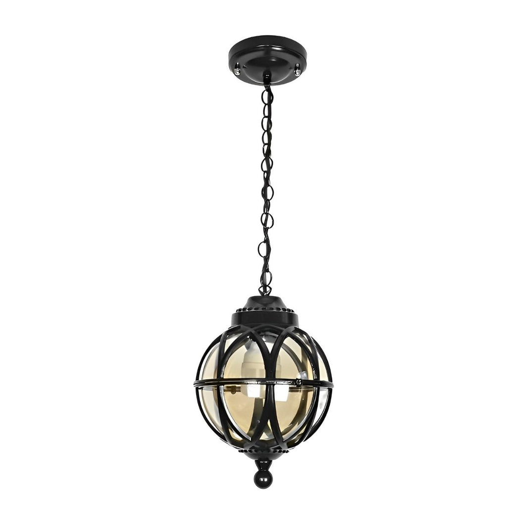 Outdoor Glass Ball Chandelier – black finish on a chain, white background