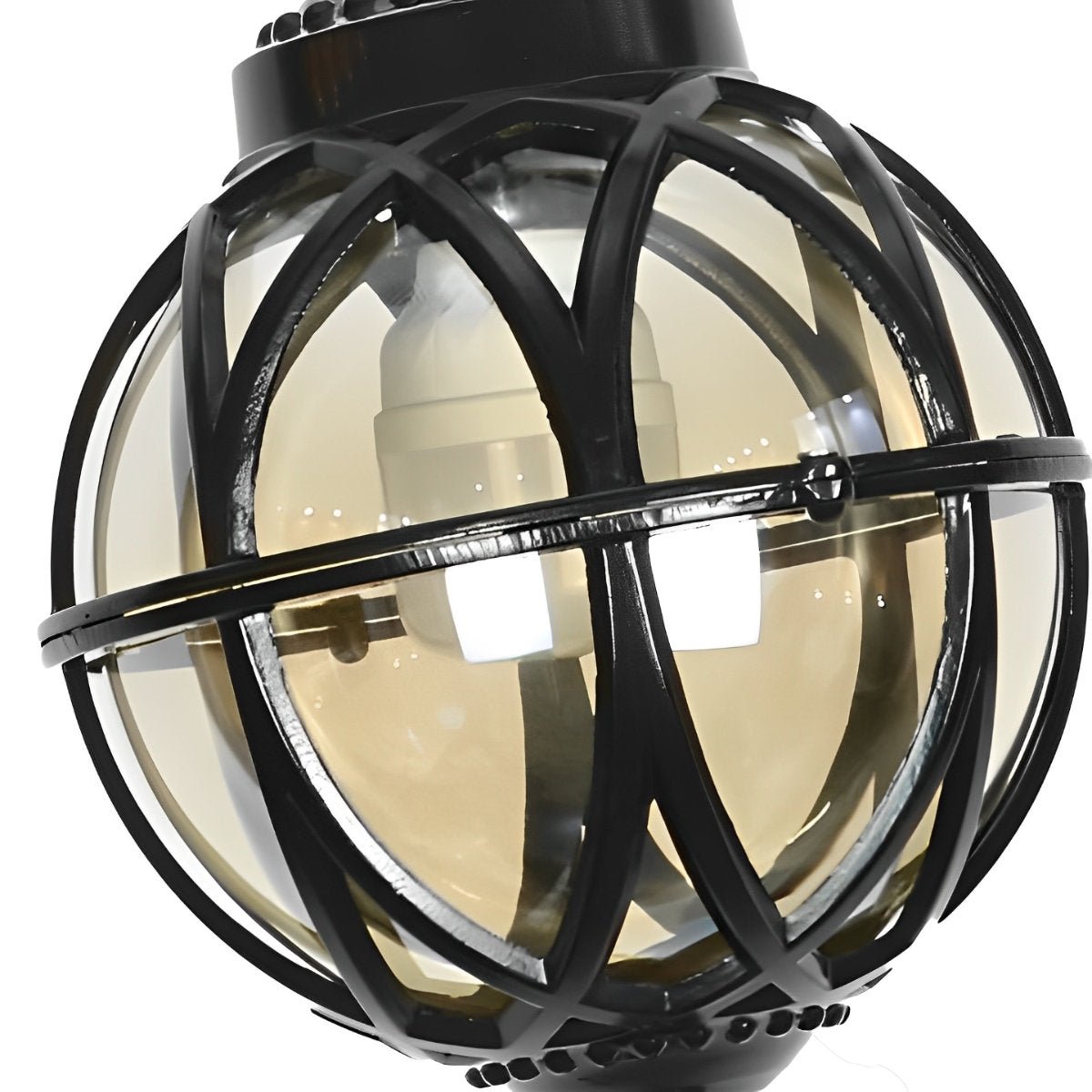 Outdoor Glass Ball Chandelier – close-up of the black cage frame, white background