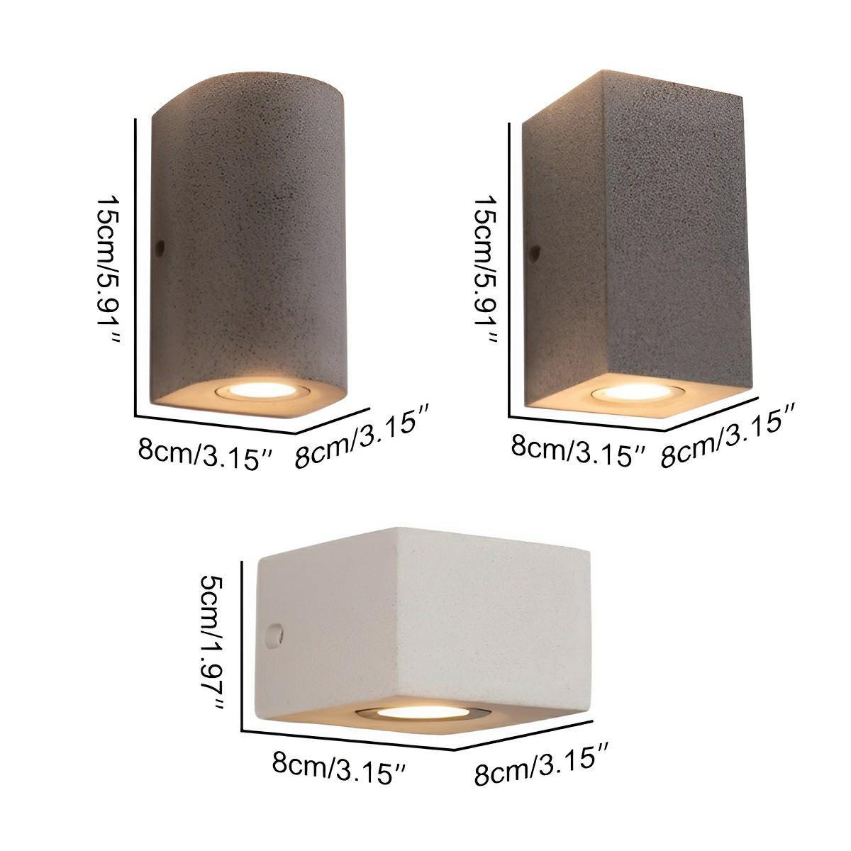 Concrete Outdoor LED Wall Light – dimensions diagram, three shape options