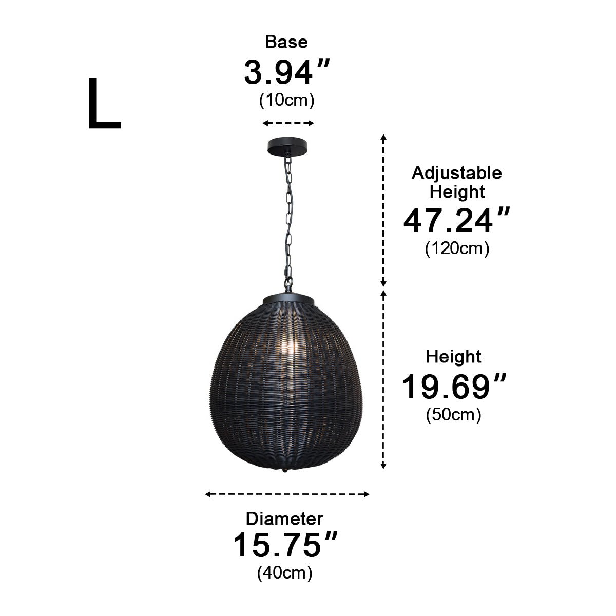 Black Rattan Outdoor Pendant Lantern – dimensions diagram, size large, 50 cm tall
