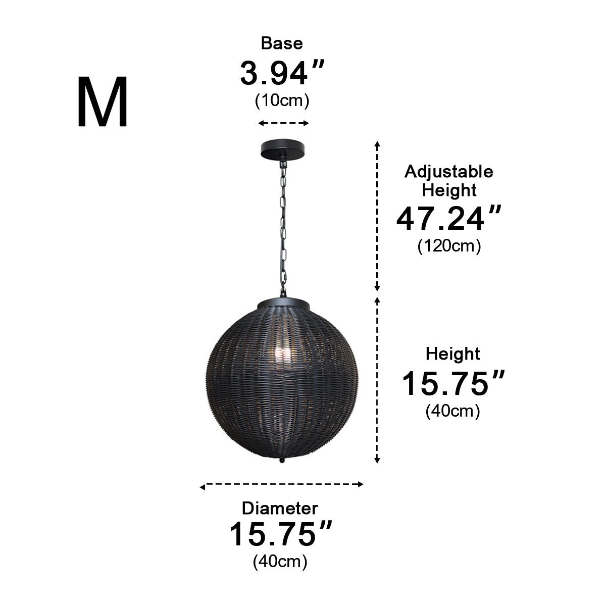 Black Rattan Outdoor Pendant Lantern – dimensions diagram, size medium, 40 cm wide